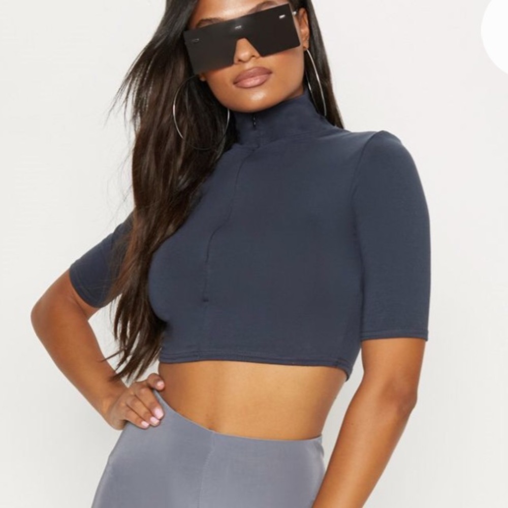 IN SEARCH OF CHARCOAL BLUE ZIP FRONT SHORT SLEEVE